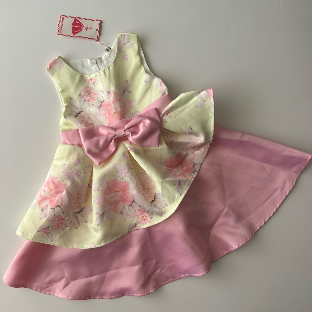 NWT Girl’s Yellow and Pink Floral Spring Princess Dress w/ Bow